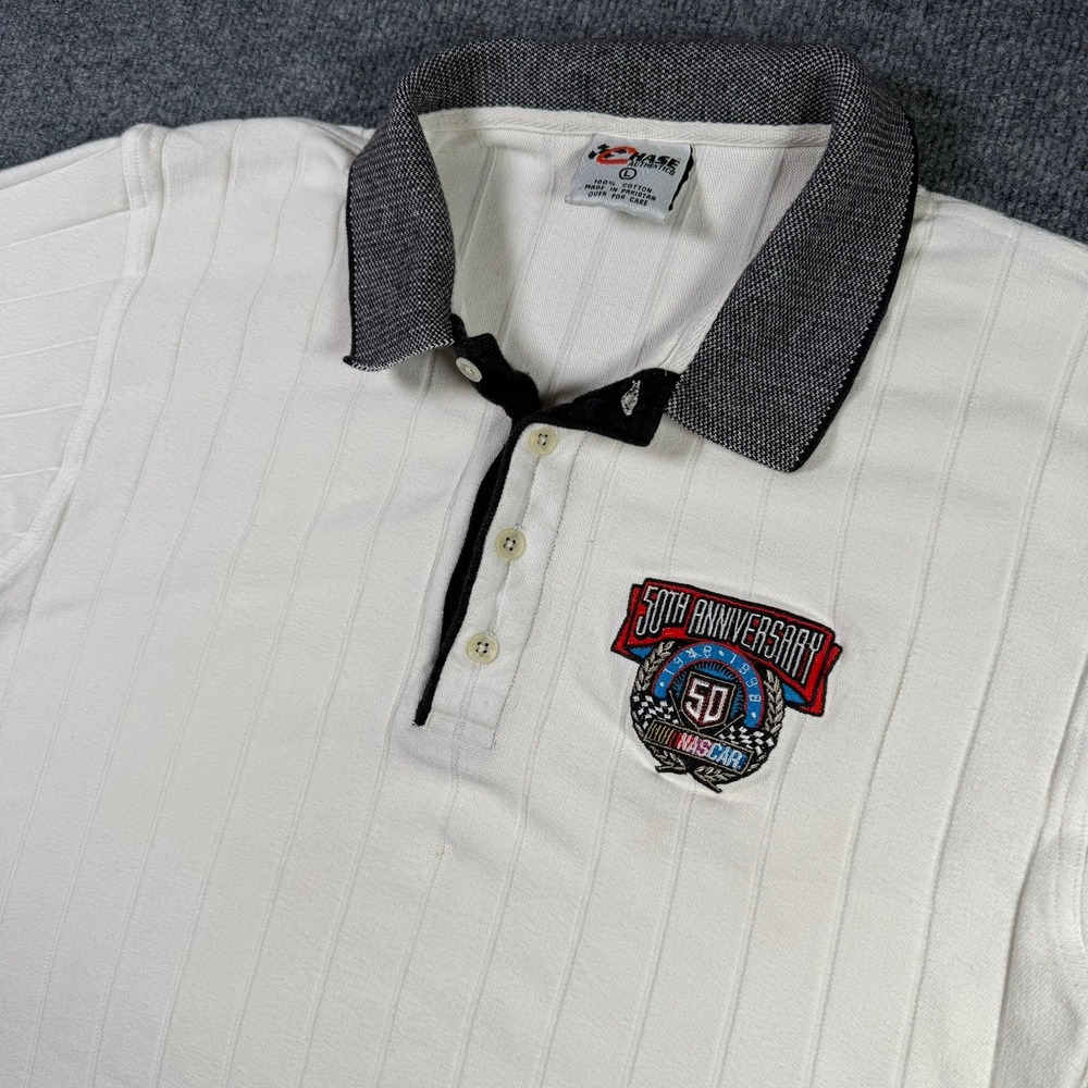 NASCAR 50th Anniversary Chase Authentics Polo Shirt Mens Large White Ribbed 90s